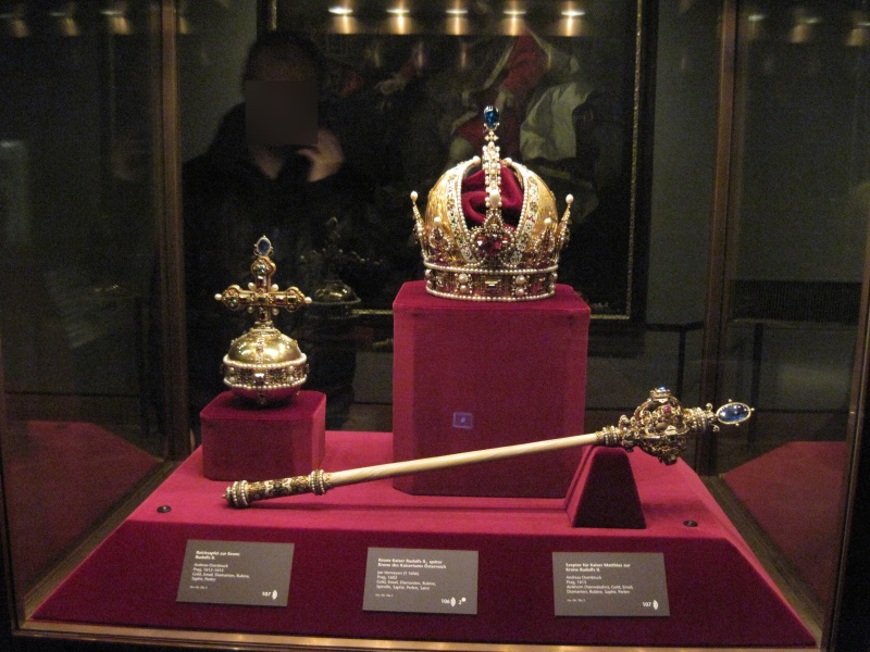Crown jewels of Rudolf II, a Holy Roman Emperor, displayed in the Imperial Treasury in Vienna, the capital city of Austria.