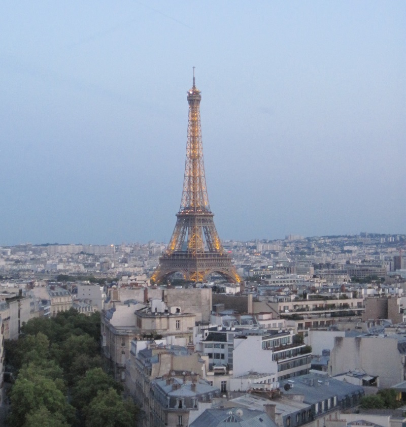 View of Eiffel Tower from Triumphal Arch in the evening.