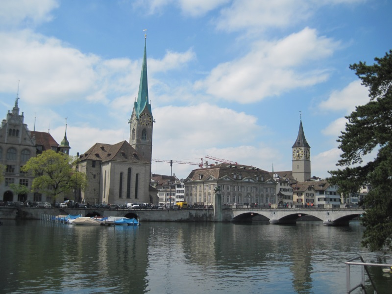 Fraumünster and St. Peter's churches in Zürich, Switzerland, the former decorated with stained-glass windows by Marc Chagall.