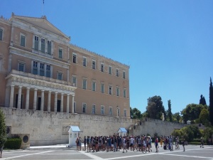 Syntagma Square in Athens is where Evzoni, the elite Greek military unit, change guards in front of the Hellenic Parliament.