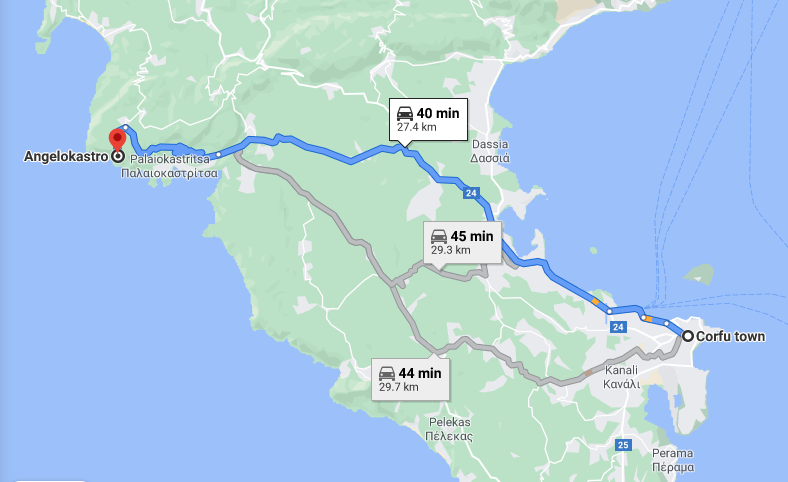The screenshot shows the route from Corfu Town to Angelokastro, one of the top Corfu tourist attractions outside the capital.