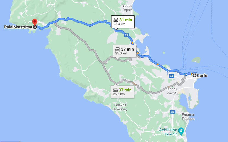 The map shows three routes between Corfu Town, the capital of the northernmost Ionian island, and Paleokastritsa Bay.