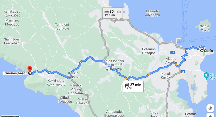 The Google map screenshot indicates the shortest route from Corfu Town, Kerkyra Island's capital city, to Ermones Beach.