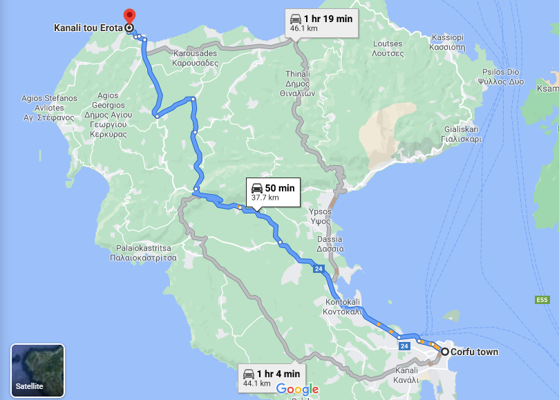 Google map shows the route and the distance from Corfu Town to Canal d'Amour, one of the top tourist attractions of Kerkyra.