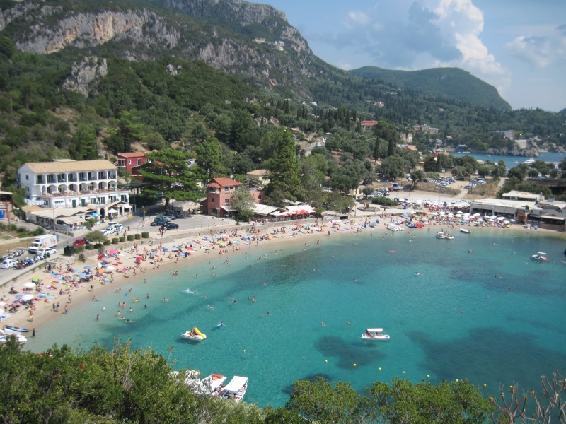 Paleokastritsa, a resort village in West Corfu, consists of several bays with beaches featuring hotels, taverns, and bars.