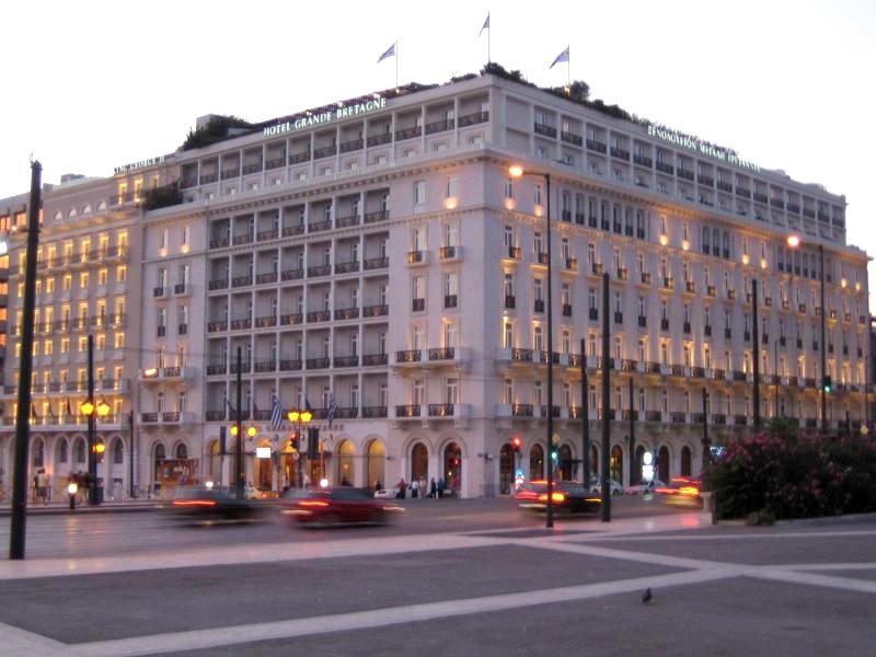 A view of Grande Bretagne Hotel, flanking Athens' Constitution Square, from the plateau of the Unknown Soldier's monument.