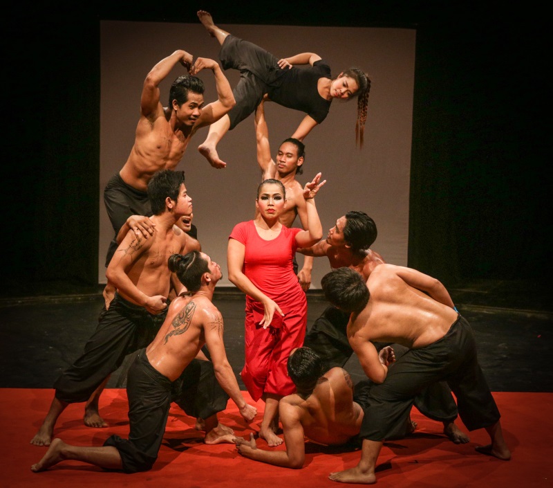 Strong men and beautiful ladies perform in the Sokrias, or Eclipse, show by Phare, the Cambodian Circus in Siem Reap. 