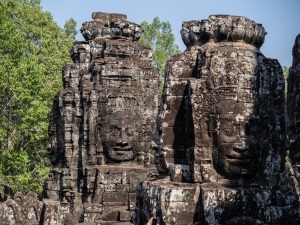 Bayon Temple has many smiling Buddhas and is a top attraction of Angkor Thom, an old city near Angkor Wat and Siem Reap.