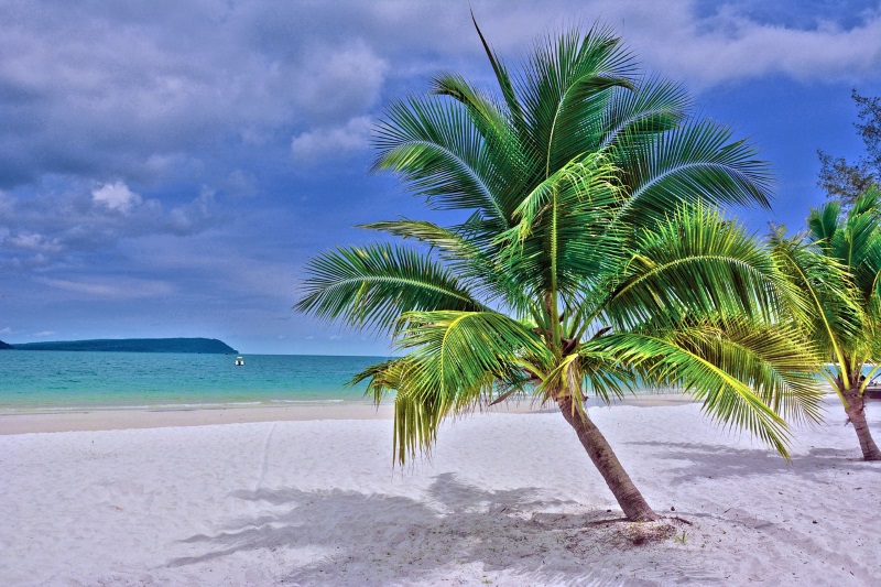 A few palms and a white-sand beach face a blue sea, a distant peninsula, and a lonely boat under a partially cloudy sky.