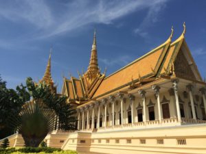 Royal Palace complex in Phnom Penh teems with golden-roofed structures, exotic plants in its gardens, and exquisite artwork.