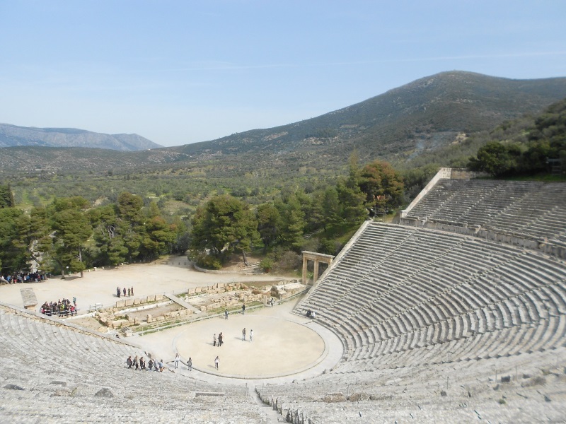 Epidaurus Theater features a large auditorium, an orchestra in the shape of a perfect circle, and unrivaled acoustics.