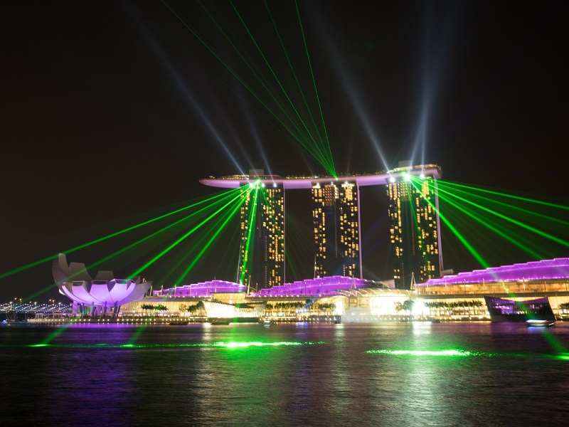 Marina Bay Sands Hotel in Marina Bay, downtown Singapore, stages regular 15-minute entertainment shows when the night falls.
