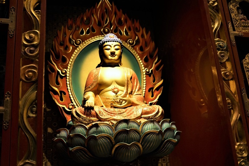 Buddha Tooth Relic Temple in Singapore displays many images of the founder of Buddhism in various poses (mudras) and relics.