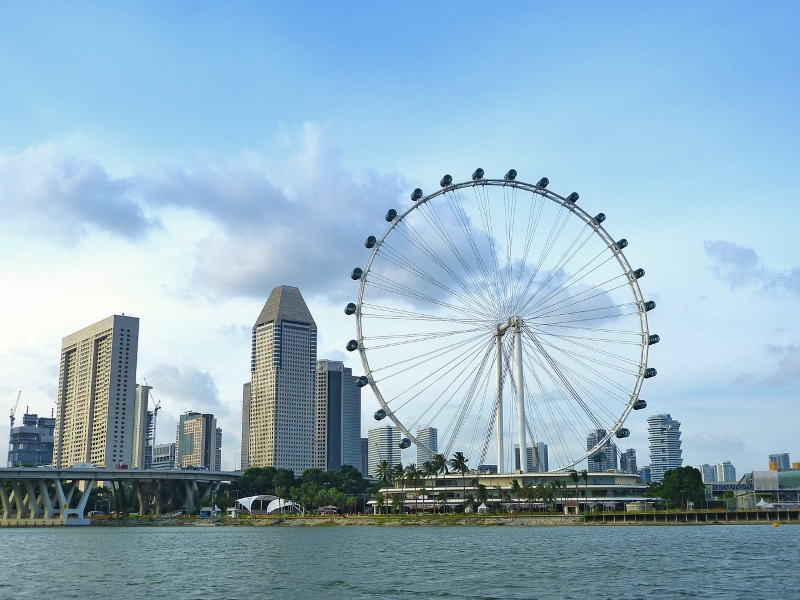 Singapore Flyer is a Ferris wheel located downtown overlooking Marina Bay, Gardens by the Bay, and nearby skyscrapers.