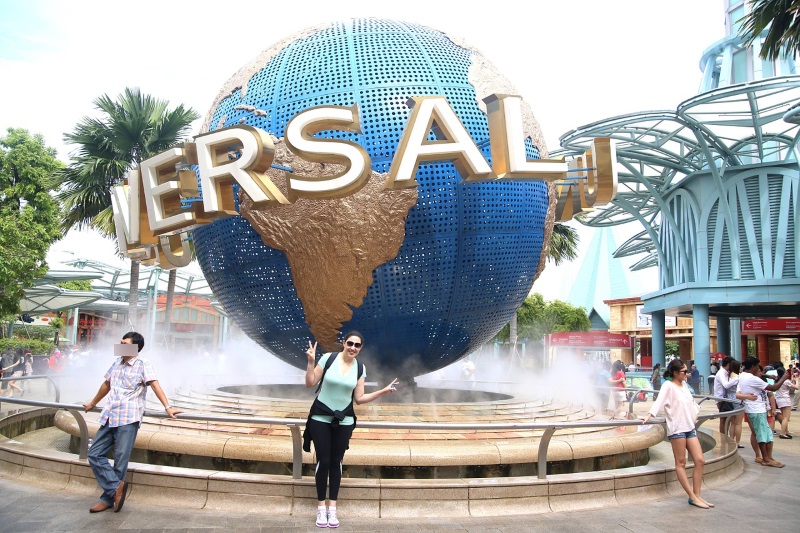 Universal Studios globe, located in front of the theme park on Sentosa Island, features the planet with the park's logo.
